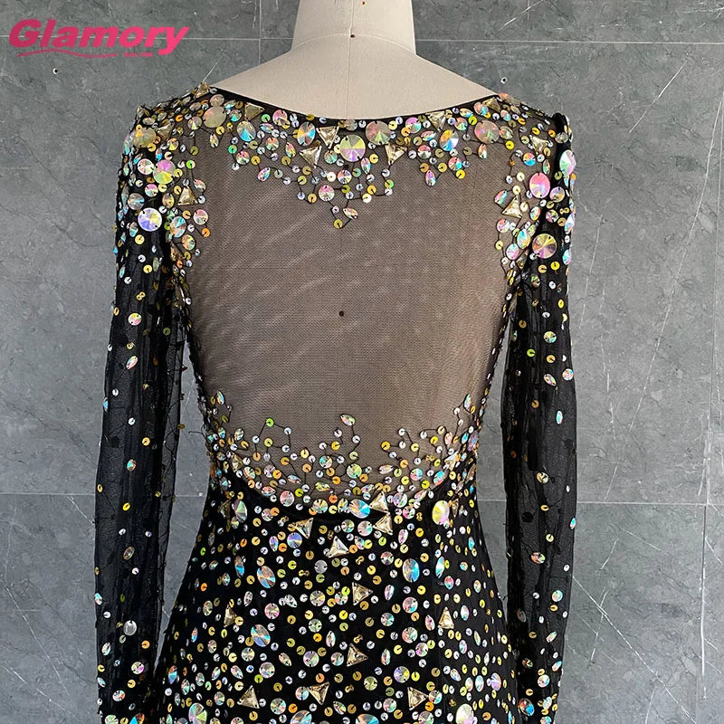 Sexy Black Homecoming Dresses Sweetheart Long Sleeve Shinny Crystal Stone Short Prom Dress