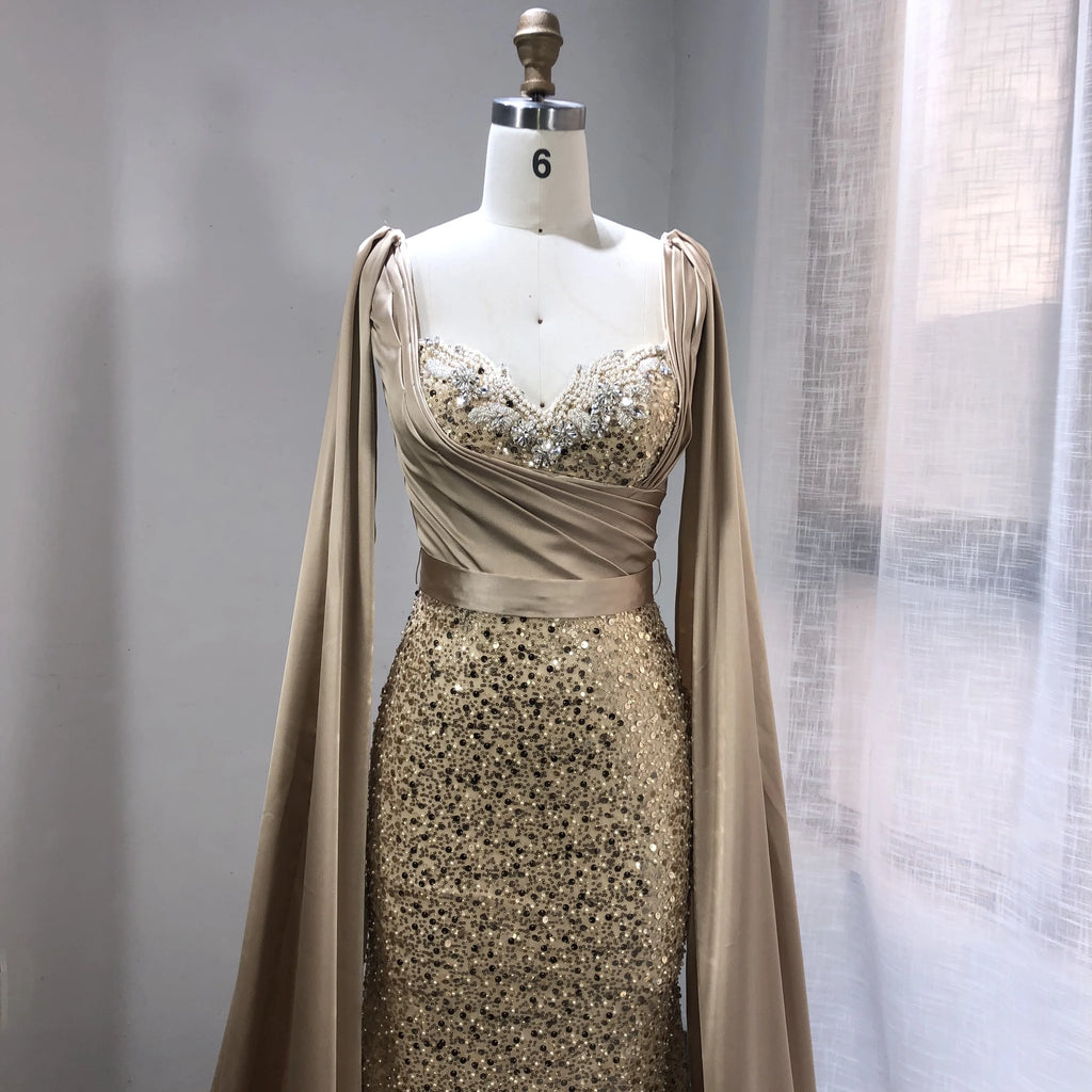 2021 Long Sleeves Mermaid Evening Dresses Long Satin Party Gowns Beading Elegant Evening Dresses for Women