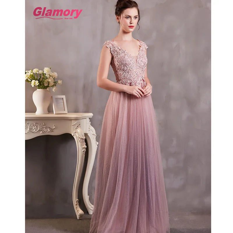 Pink Long for Fat Woman Sexy See Through Lace Appliques Prom V-neck Floor-length Bling Tulle Evening Dress