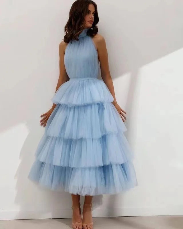 Birthday Party Gown Tea Length Pleated a Line Tulle Pink Halter Bacs Pklesrom Dresses for Women