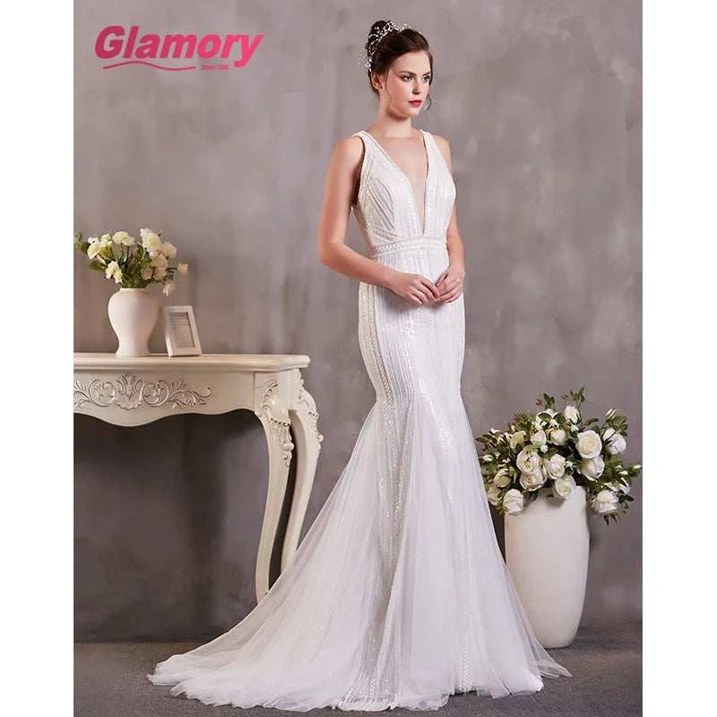 Whit Bridal Gowns v Neck Sleeveless Mermaid Lace Wedding Dresses Made in China