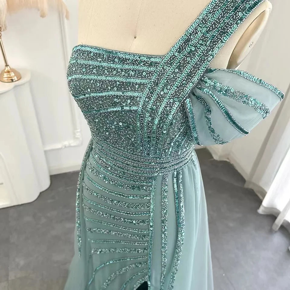 Turquoise Luxury One Shoulder Beading Evening Party Dress With Overskirt Side Slit Sexy Long Prom Dress