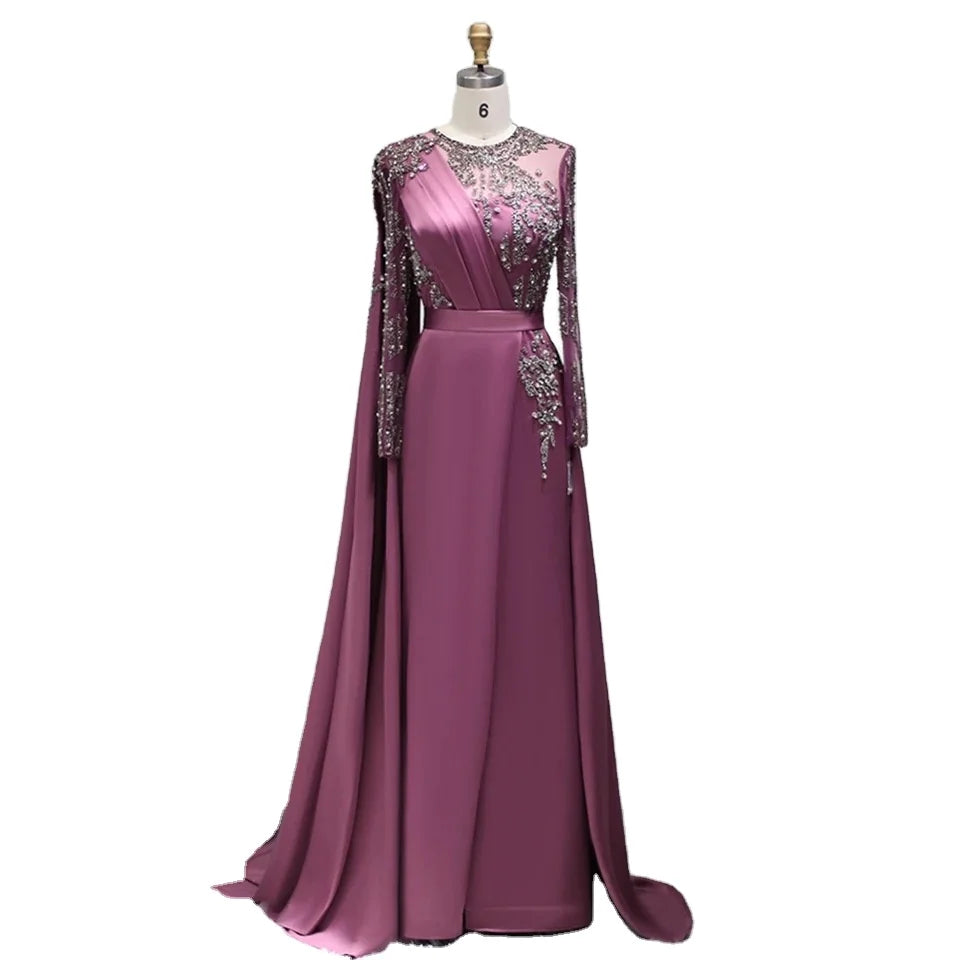 2024 New Arrival Muslim Satin Evening Dresses Purple Formal Party Evening Dresses for Women Luxurious
