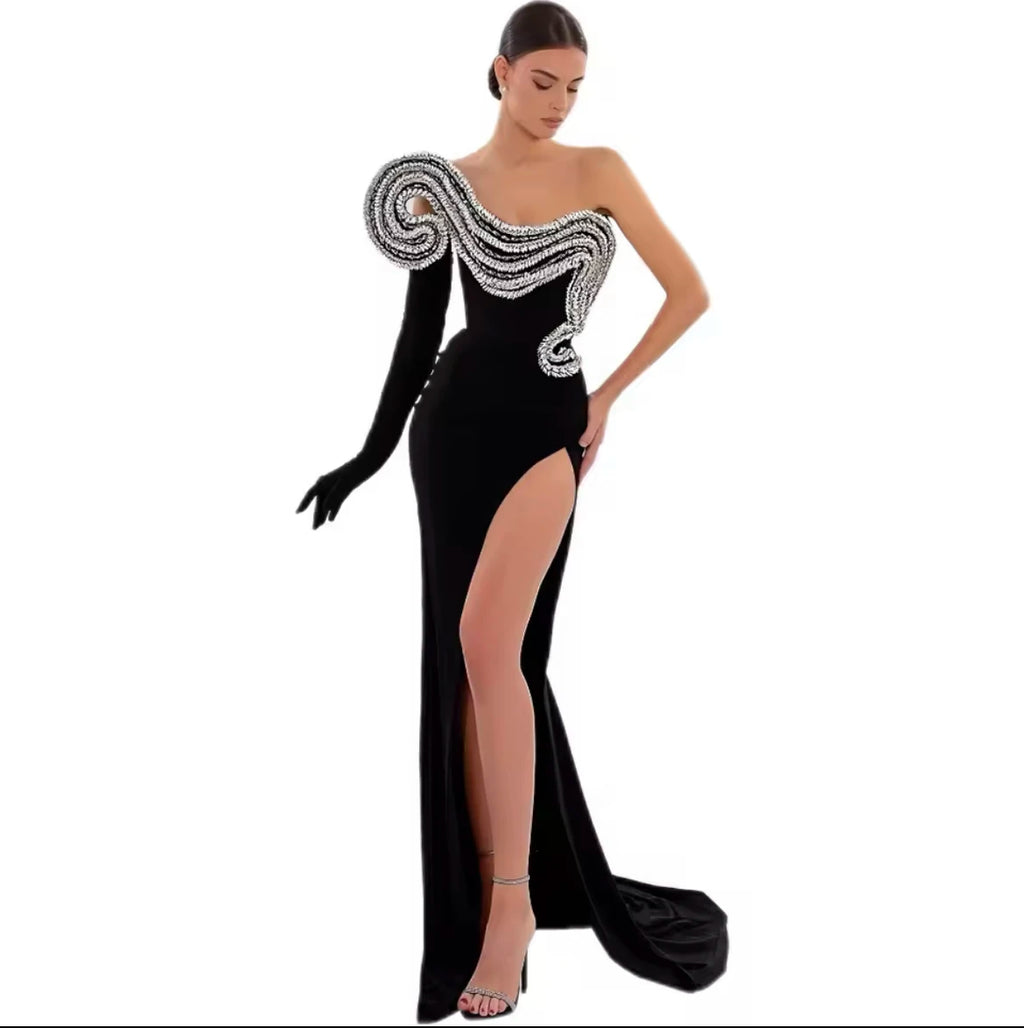 New High Quality Black Color Long Length Dress Thick Velvet With Gloves Sexy Sweetheart Design Sexy Party Dress