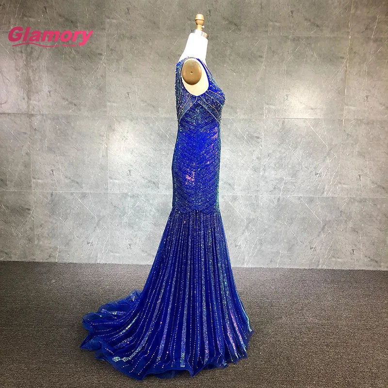 Royal Blue Elegant Beaded Prom Dress High Quality Vestido De Fietsa Sexy Mermaid Long Crystal Party Gowns
