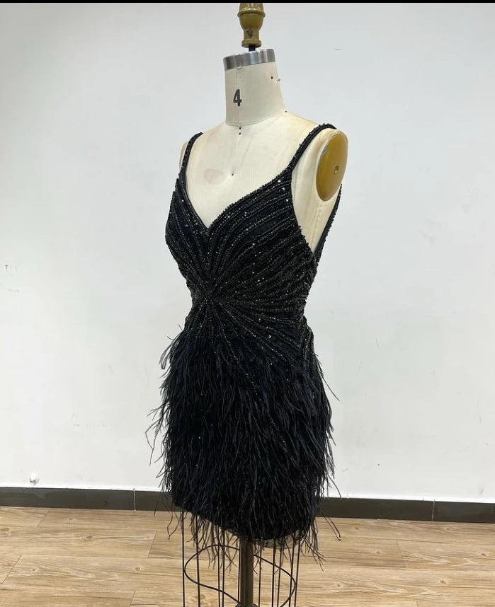 New Short Luxury Beaded Gown With Feathers Sexy Split Thigh Sheer Long Elegant Evening Dresses