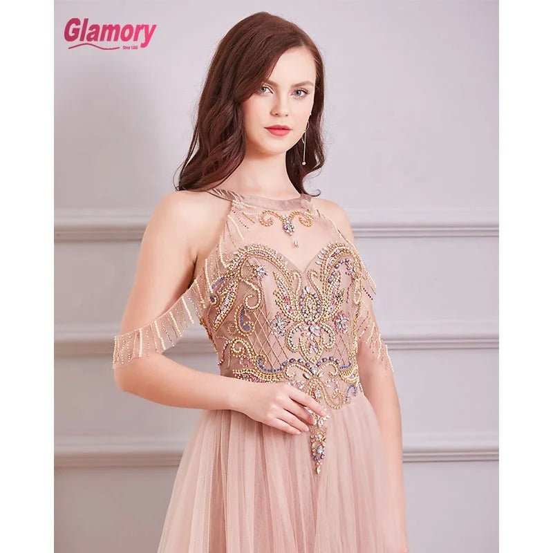 O-Neck Evening Dress  Off Shoulder Beads Handmade Tulle Party Dress