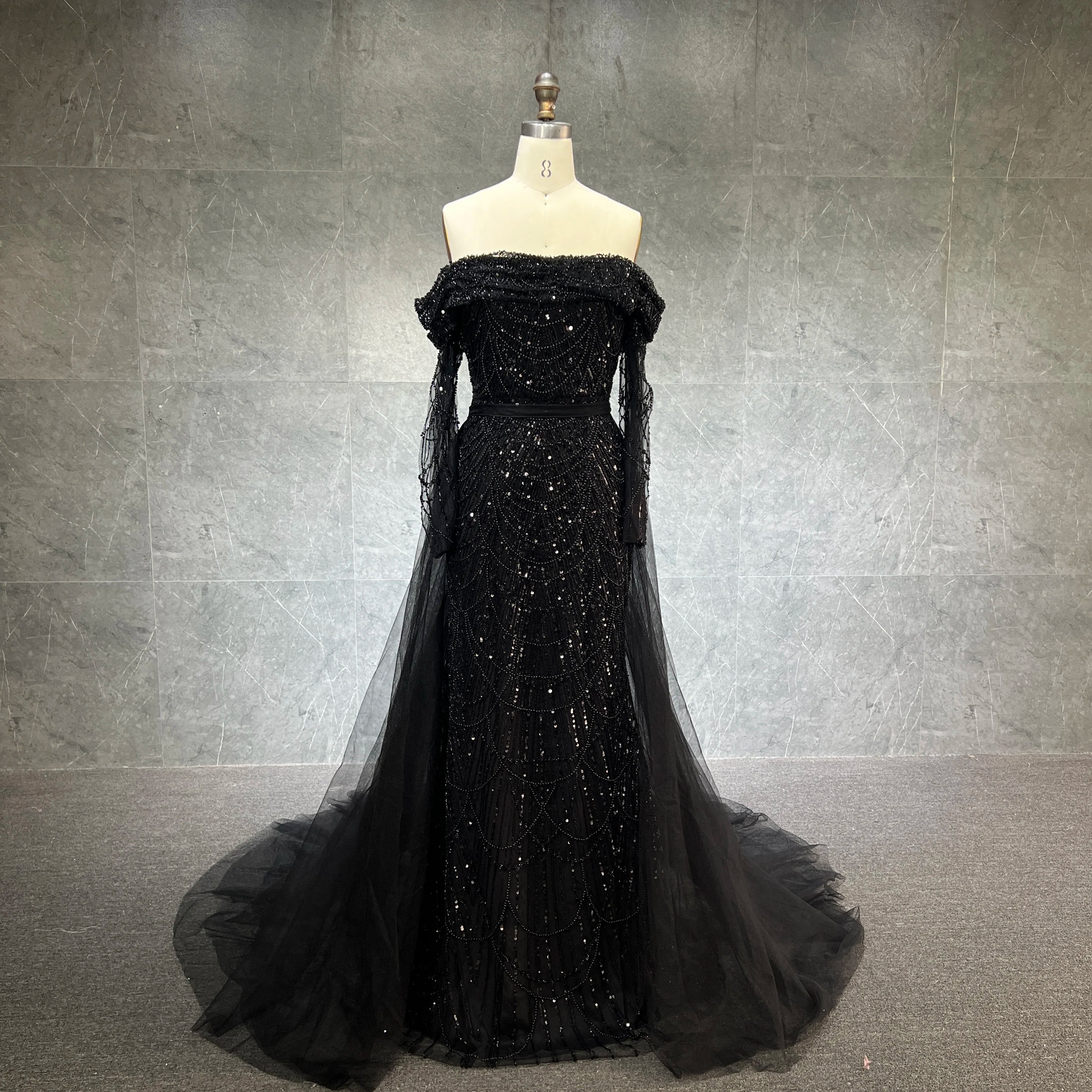 2023 Luxury Black Dubai Evening Dress Off Long Sleeve Detachable Skirt Arabic Women Wedding Party Prom Gown
