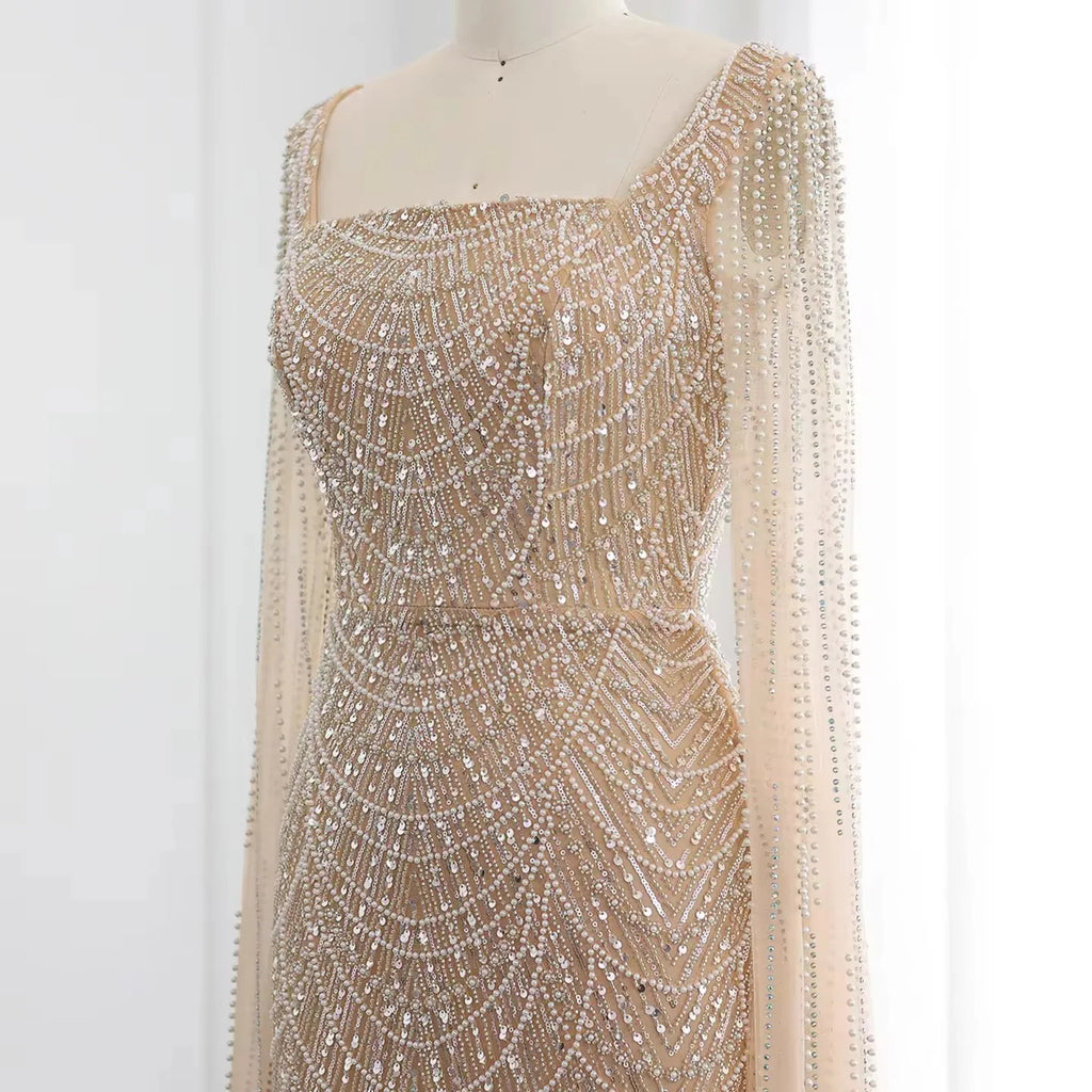 2025 Saudi Arabic Mermaid Evening Dress With Beaded Cape Sleeves for Formal Occasion Customize