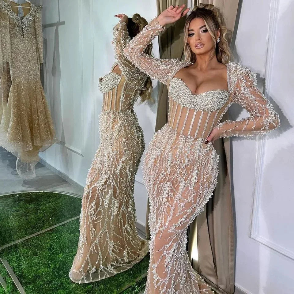 NEW 2024 Dubai Luxury Pearls Beaded Mermaid Evening Dress for Women at Wedding Party Nude Elegance