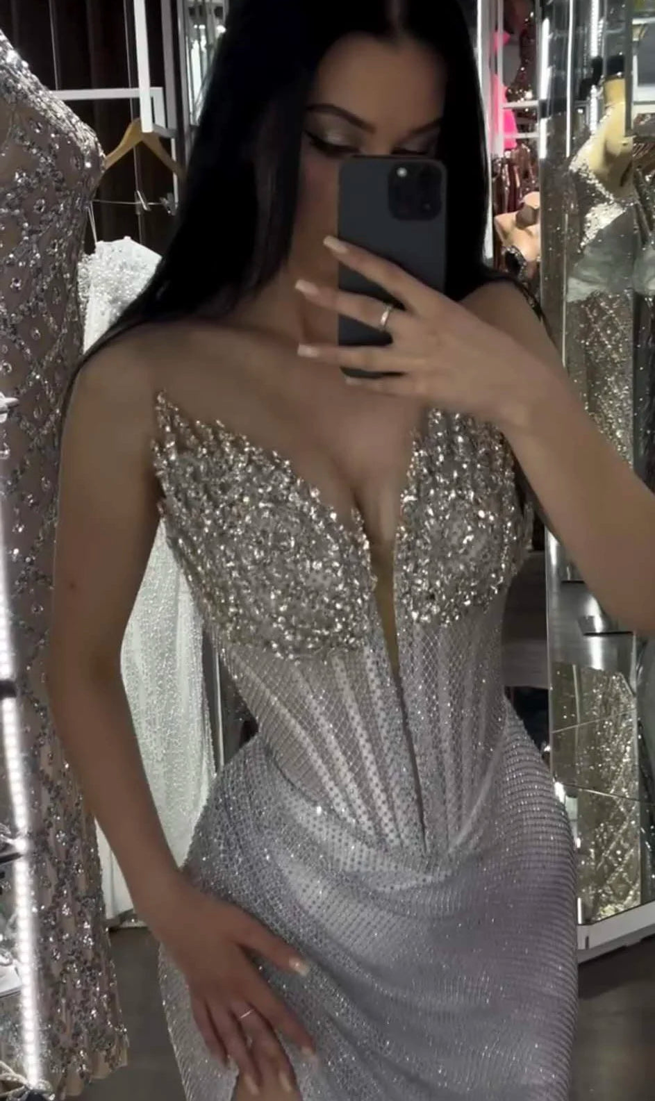 Silver Ladies Sexy Evening Dress Sleeveless With Front Slit Beaded Long Prom Dress