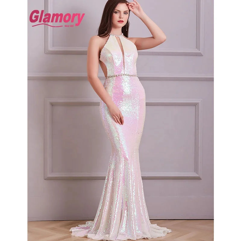 2020 New Arrival Sequin Evening Mermaid Style Halterneck Evening Dress
