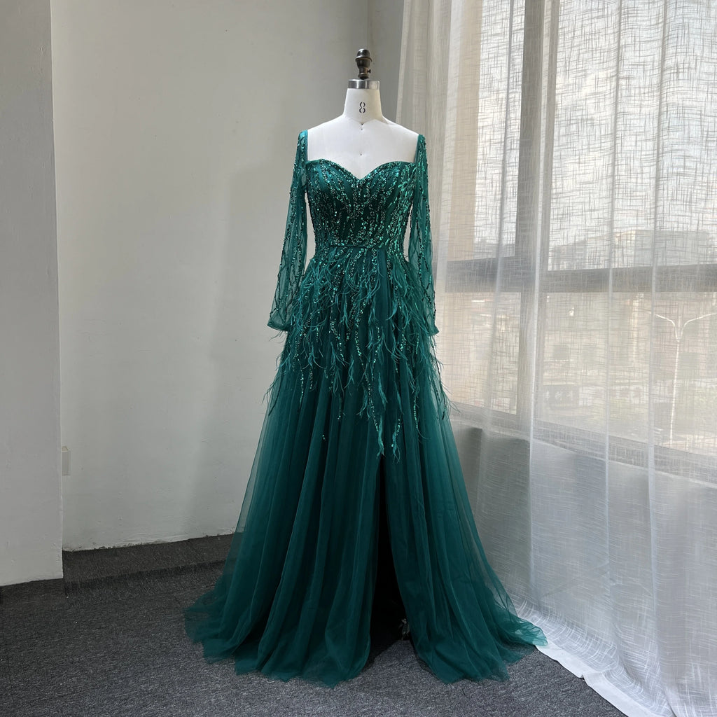 2022 Colors Long Sleeves a Line Beaded Feathers Evening Dresses Party Gowns for Women