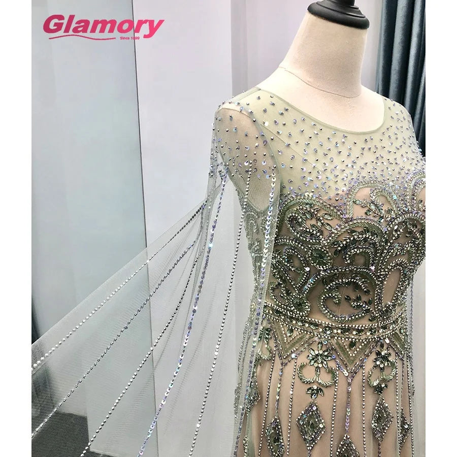 Latest OEM Factory Luxury Evening Elegant O-Neck Long Sleeves With Flutter Sleeves Crystal Beading Mermaid Prom Dress