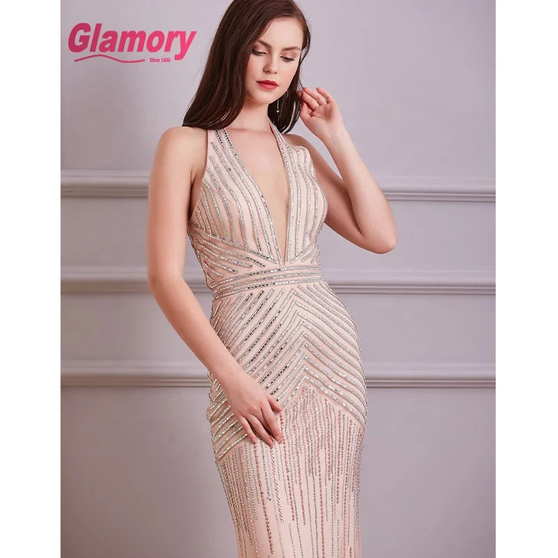 Women Dresses Glamorious Hot Drilling V-neck Beaded Gown Dress Halterneck  Evening Dress