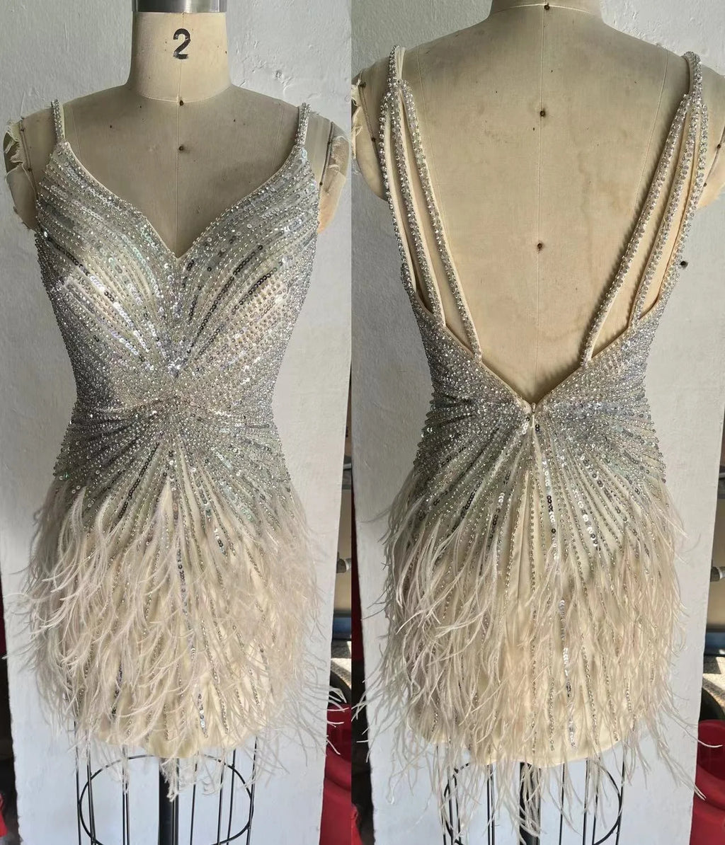 New Short Luxury Beaded Gown With Feathers Sexy Split Thigh Sheer Long Elegant Evening Dresses