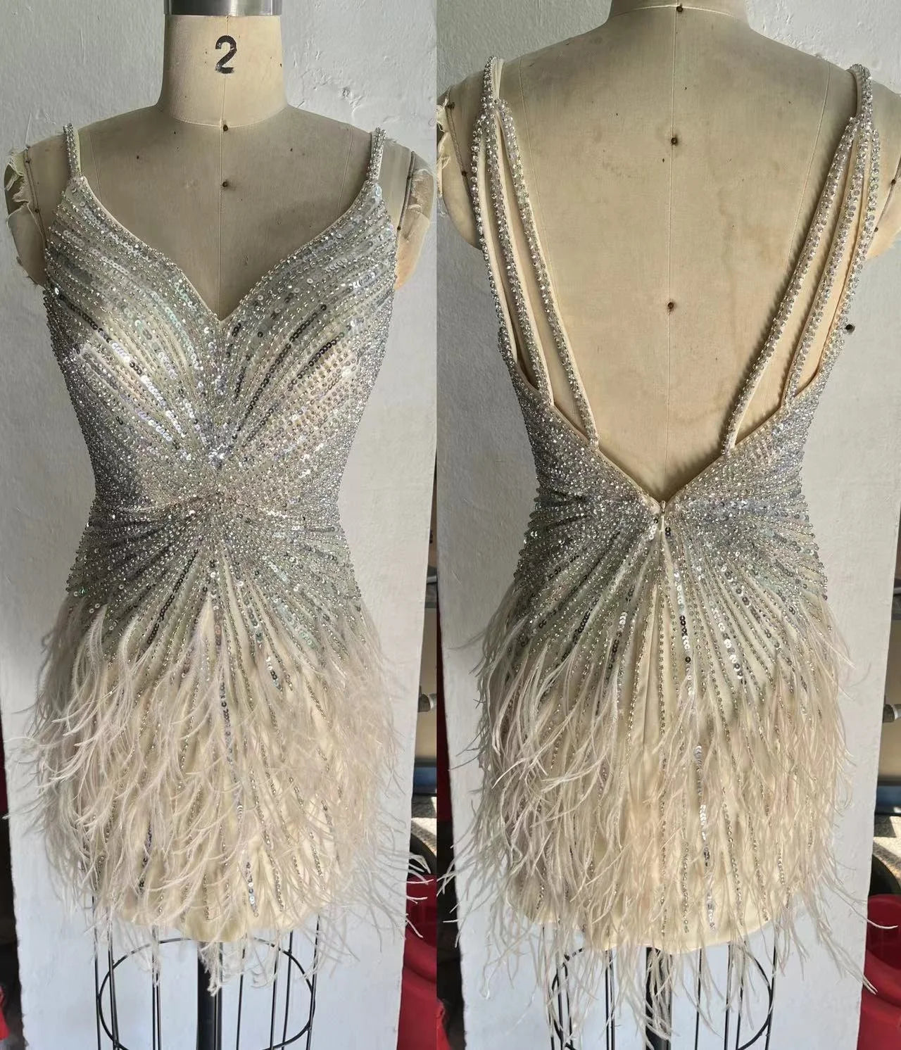 New Short Luxury Beaded Gown With Feathers Sexy Split Thigh Sheer Long Elegant Evening Dresses