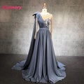 Morandi Blue Long Sleeves Chiffon Beaded Applique Shoulder Bow Shawl Sexy Evening Gown