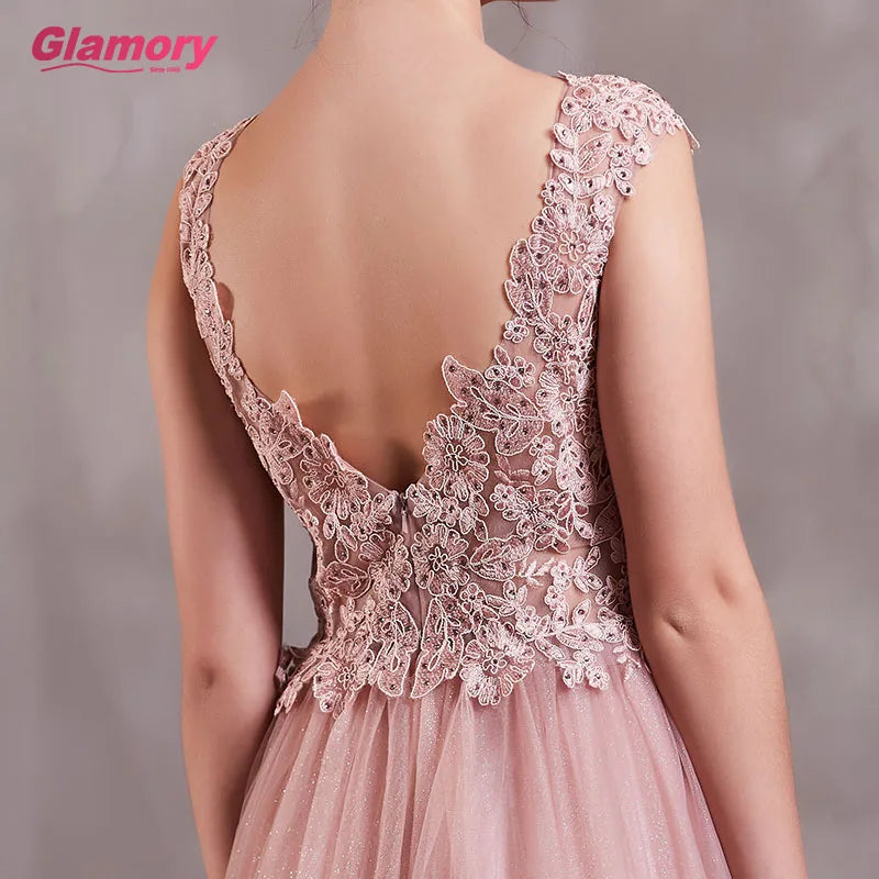 Pink Long for Fat Woman Sexy See Through Lace Appliques Prom V-neck Floor-length Bling Tulle Evening Dress