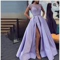 2020 New Design Ball Gown O-neck Satin Purple Crystal Beading Evening Dresses