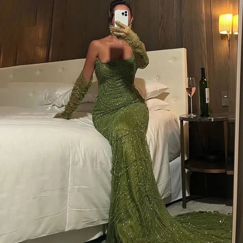 Green Strapless 2024 Mermaid Evening Dresses Formal Party Gowns With Gloves for Women Wedding Gowns