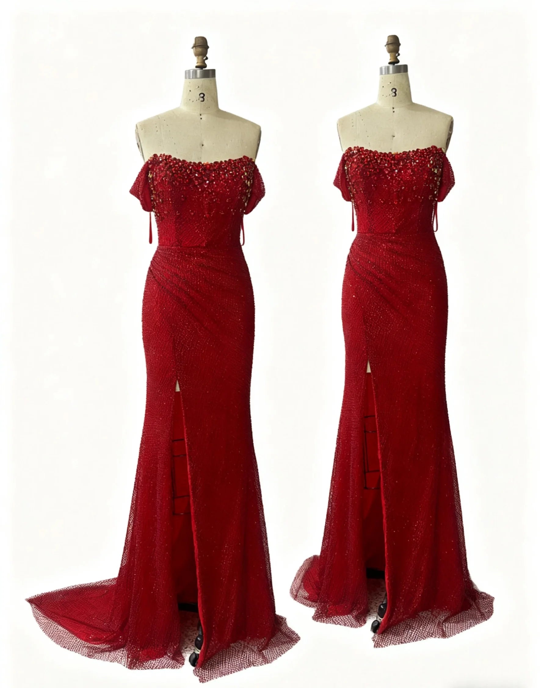 Red Off Shoulder Evening Dresses for Women Beaded with Front Leg Slit Fitted Bodice Perfect for Formal Events Prom