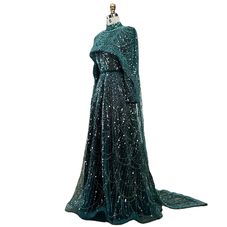 Muslim A-Line Beaded Luxury Arabic Evening Dress Gown 2025 Pearls Evening Dresses With Cape Women Wedding Party Gowns