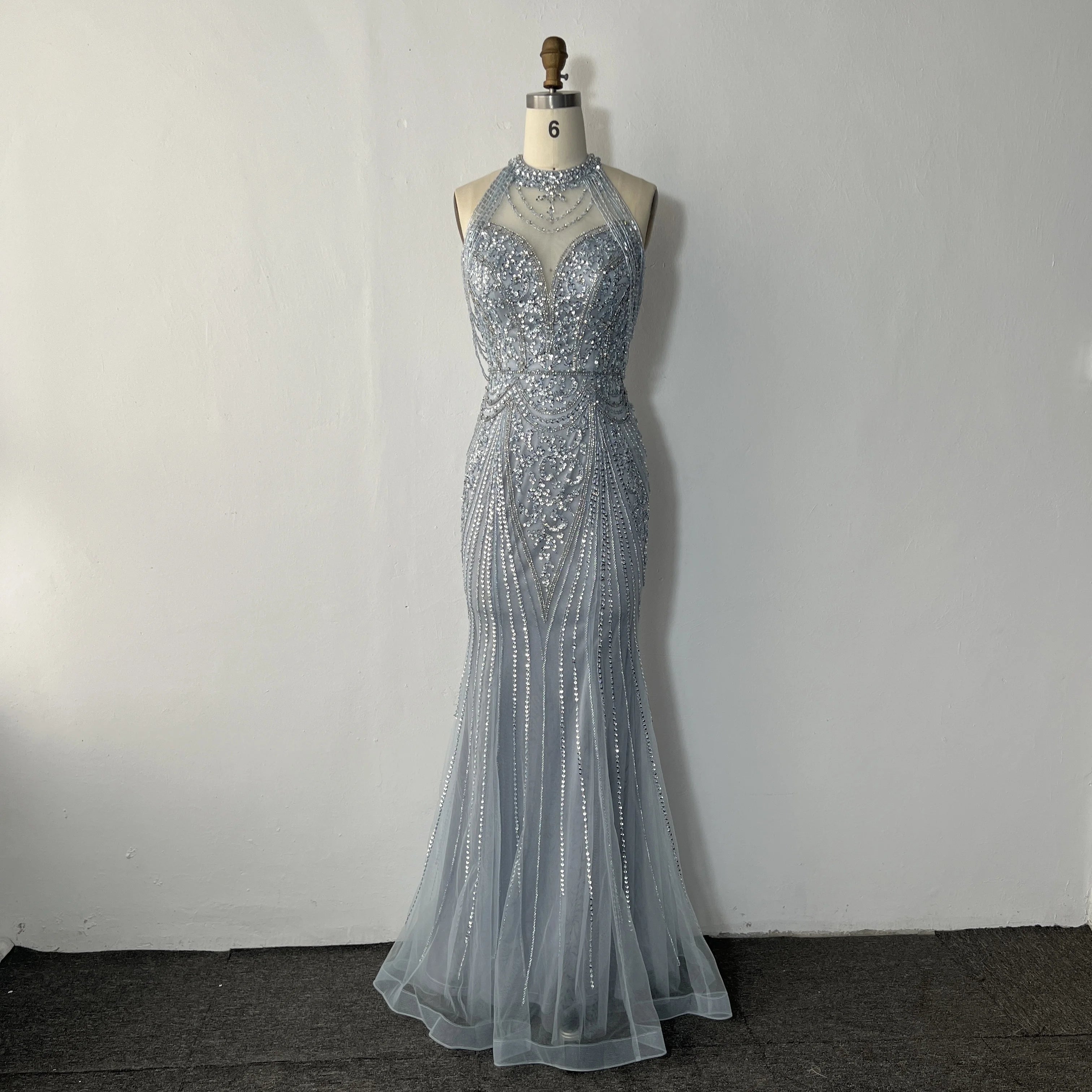 Fashion Party Sexy Halter Neck Crystal Decoration Dubai Dress Luxury Shiny Slim Slimming Beading Banquet Dress