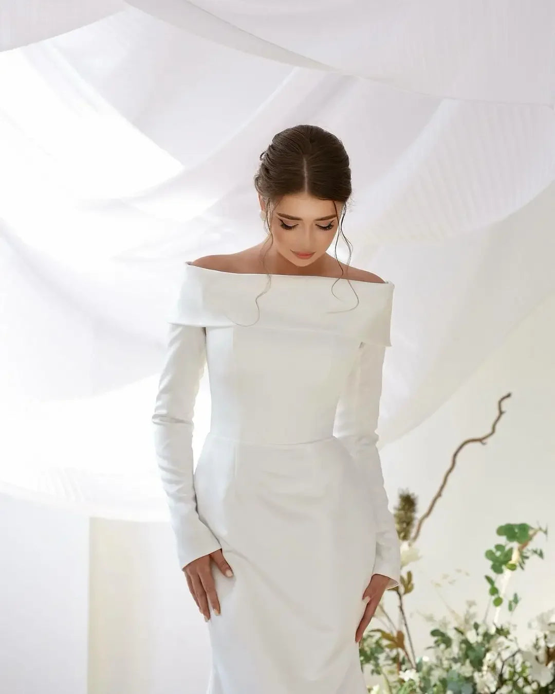 Sweeping Crepe Gown Satin Wedding Dresses Off Shoulder Bridal Gowns Women Wedding Guest Formal Party Dress