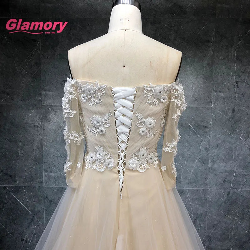 Champagne Cheap Hight Quality Wedding Dress Off Shoulder Half Sleeve 3D Flower Lace Ball Wedding Gown