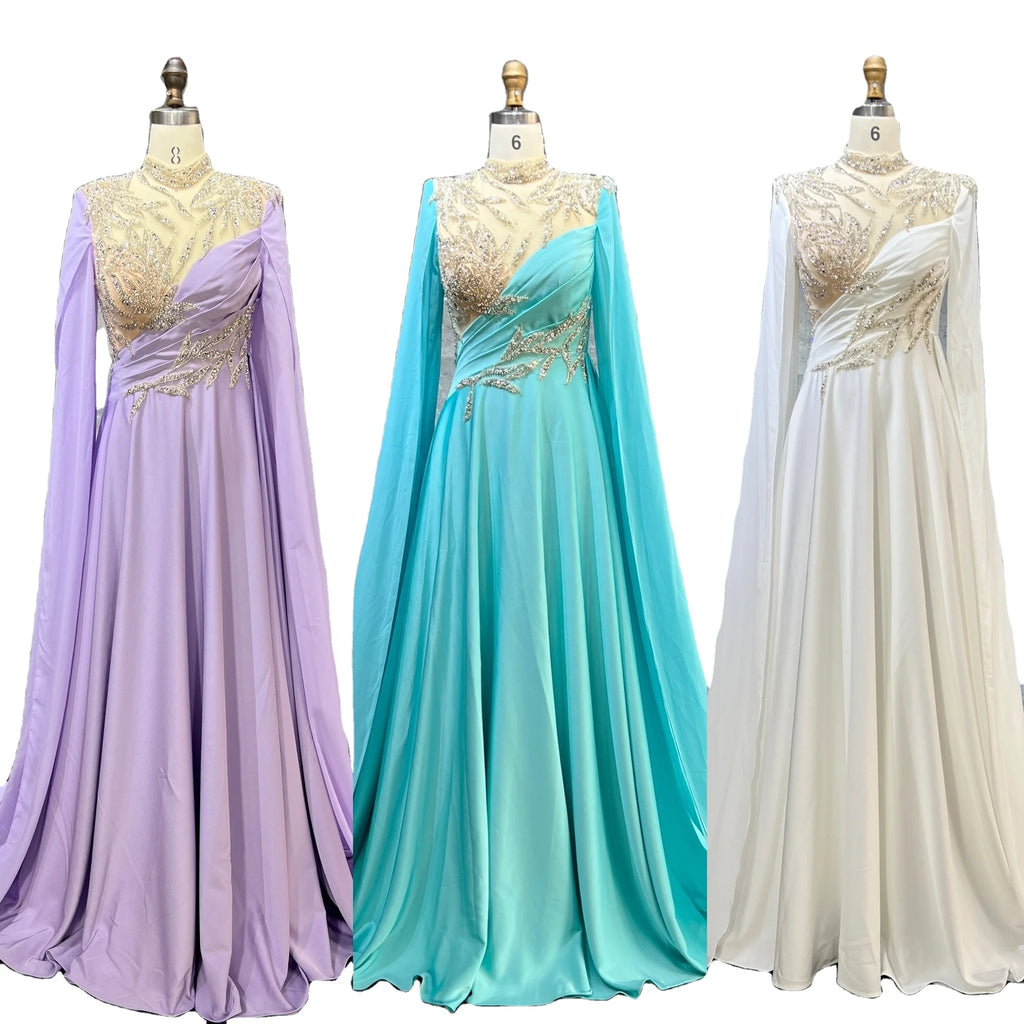 Luxury Dubai Muslim Soft Satin Cap Sleeve Formal Party Evening Gowns Women Wedding  Evening Dresses