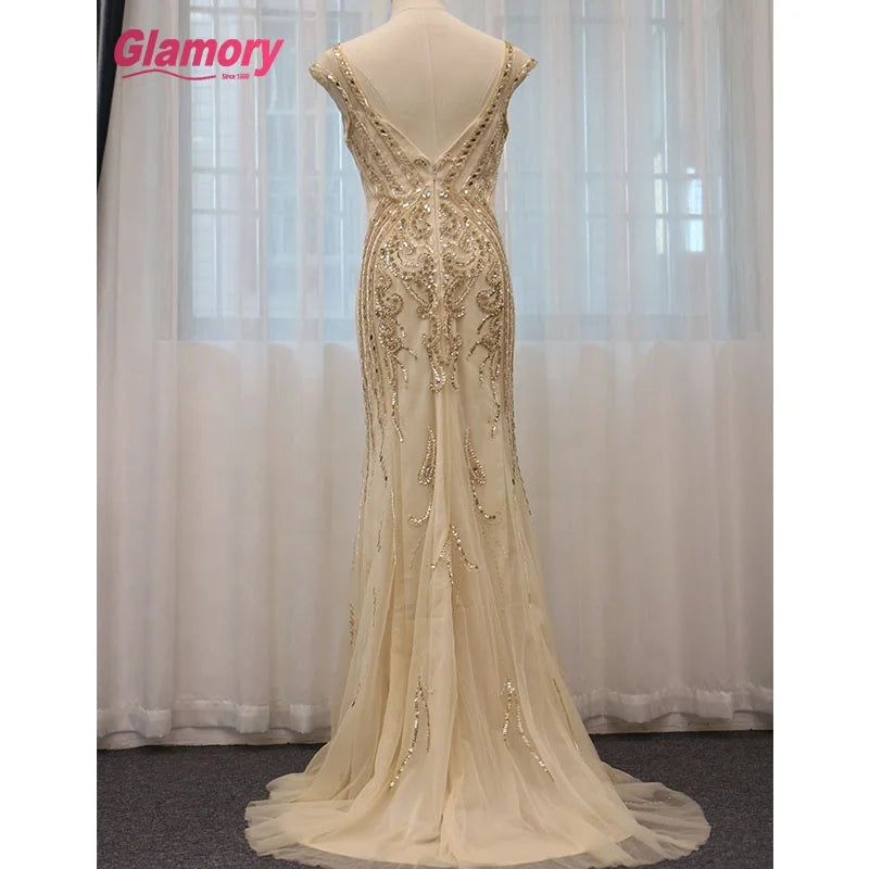Gold  CapSleeve Party Evening Dress  Luxury Beaded Dress  Gowns for Women
