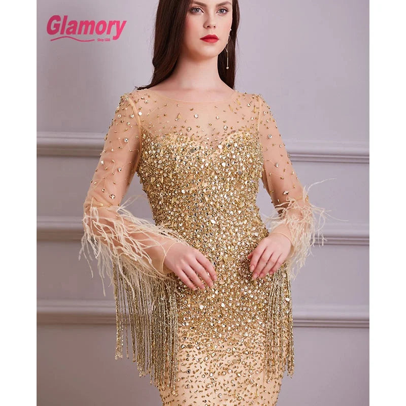 Dubai Golden Luxury Tassel Beading Evening Dress Women Party Dresses With Feathers