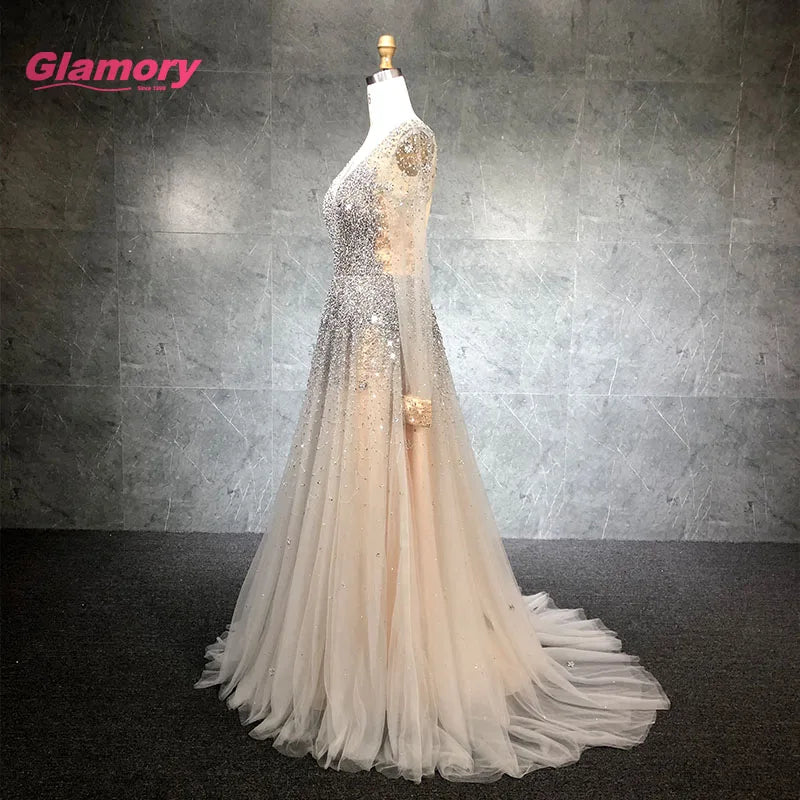 Hot Sale Korean Luxury Long Sleeves Prom Gown V Neck Party Evening Dress