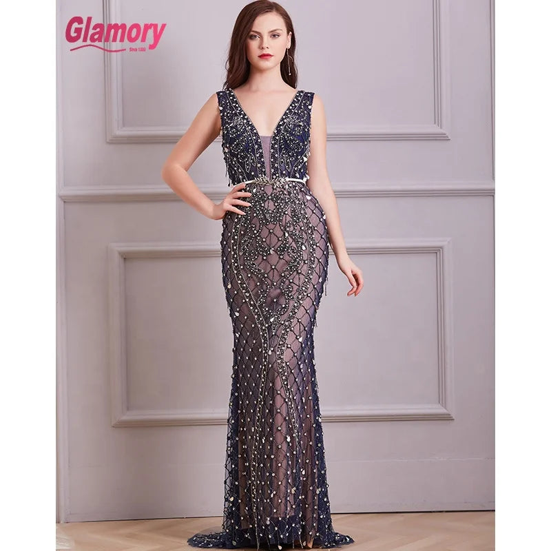 Dark Bule Customized Luxury Full Crystal Sexy Transparent Formal Evening Dresses Ladies Gown Dress