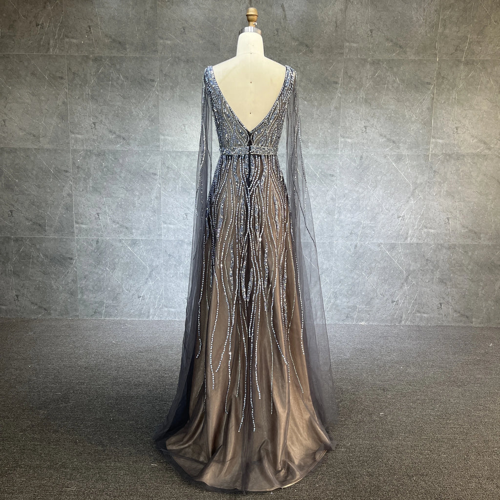 Luxury Dubai Black Arabic Evening Dress With Cape Sleeves Elegant Blue Red  Grey Women Wedding Formal Party Gown