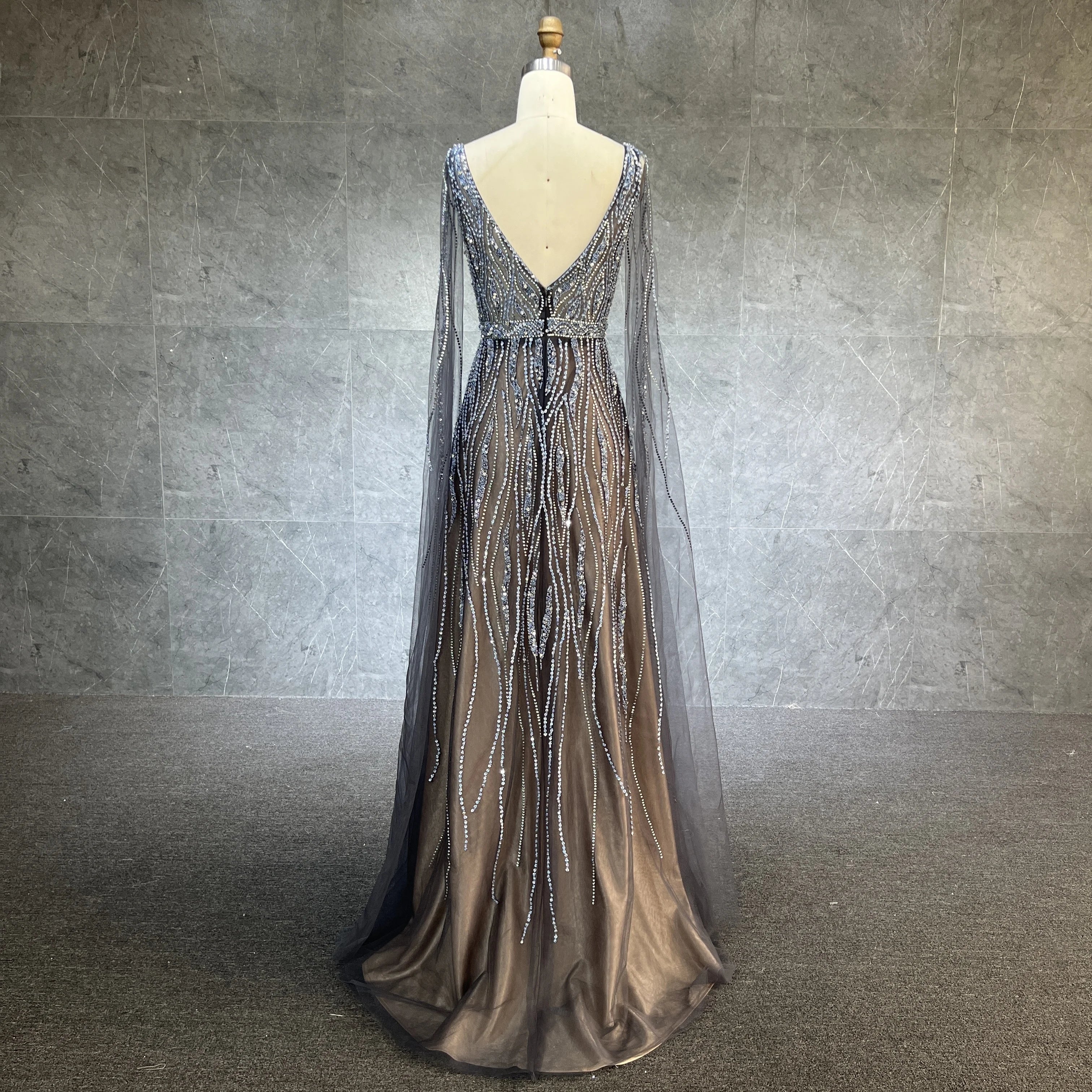 Luxury Dubai Black Arabic Evening Dress With Cape Sleeves Elegant Blue Red  Grey Women Wedding Formal Party Gown