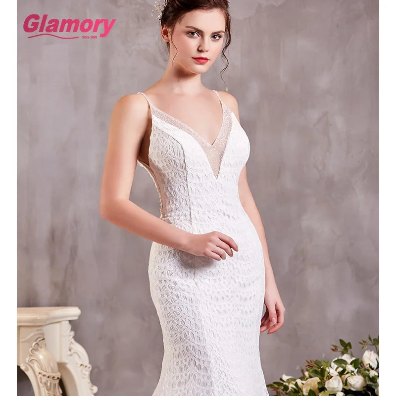 Mermaid Deep v Neck Lace Spaghetti Straps Wedding Dress Cheap Bride Dress Made in China