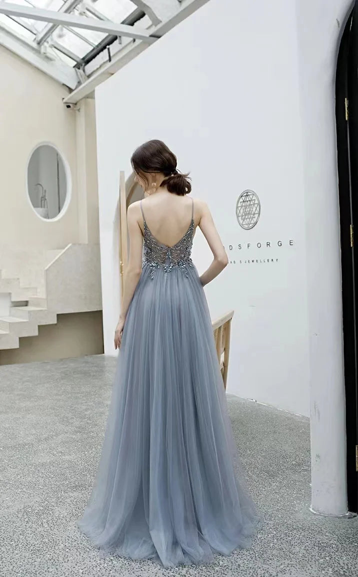 Sexy Spaghetti Straps Evening Dresses New Arrival V-Neck Rhinestones Beading Formal Prom Gowns With Slit Robe De Soiree