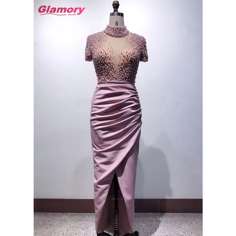 2020 New Women's Long Sleeve Vestido De Novia Pearl Split Wrapped Evening Dress O Neck African Women Formal Gowns