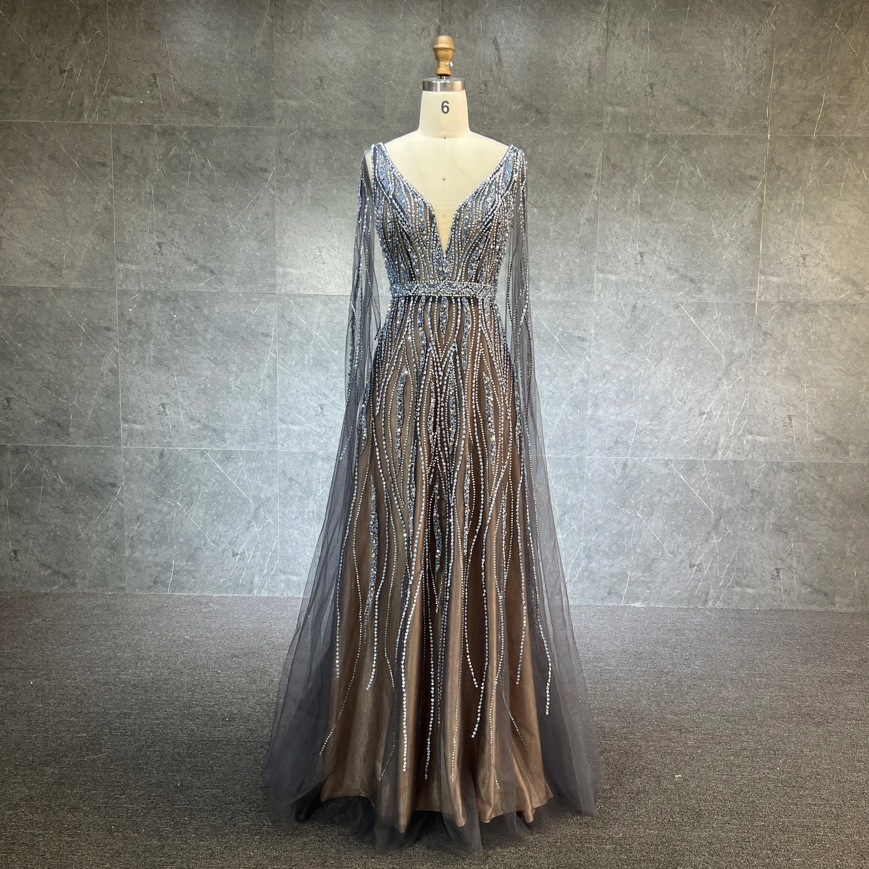 Luxury Dubai Black Arabic Evening Dress With Cape Sleeves Elegant Blue Red  Grey Women Wedding Formal Party Gown