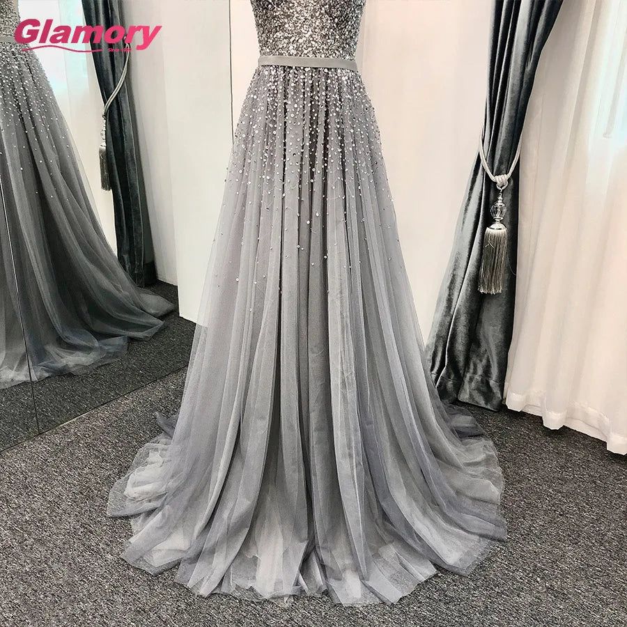 Gray Beading Sparkly Prom V Neck Elegant European Style A-Line Charming Evening Dress