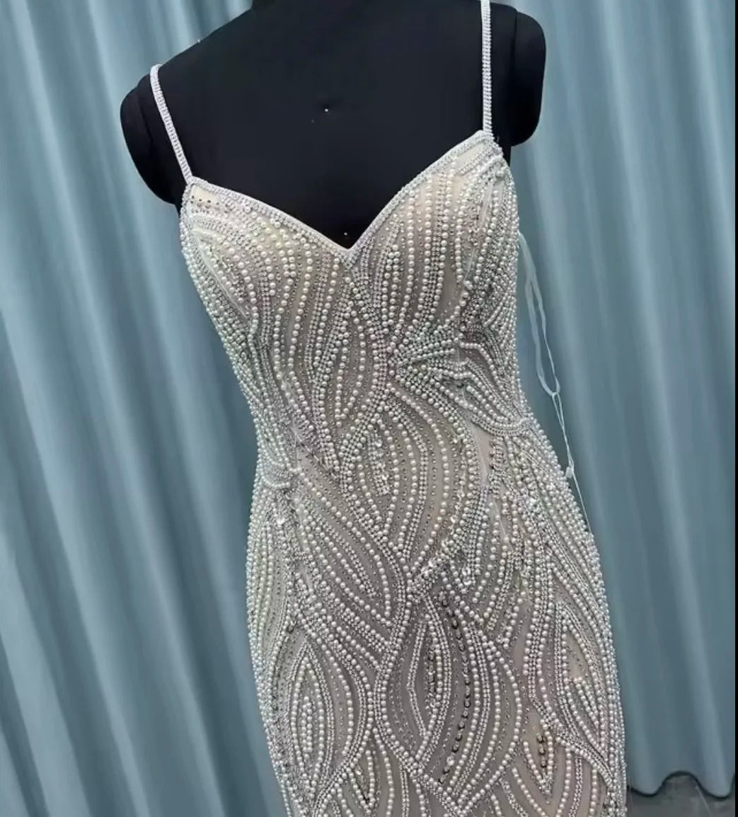 Silver Nude Pearls Beaded Mermaid Evening Dresses Long Tulle Pageant Evening Party Gown