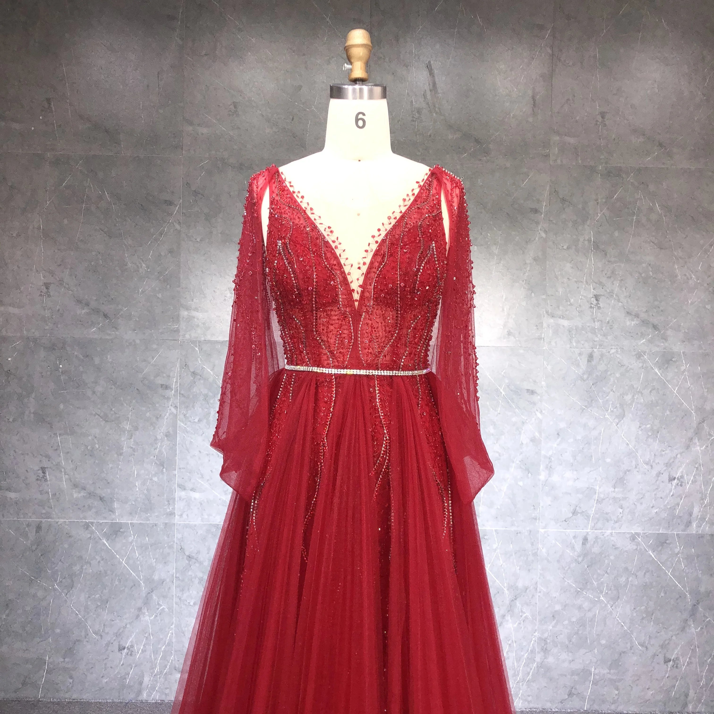 New 2021 Elegant Muslim Beaded a Line Luxury Evening Dresses V Neck Long Party Gowns