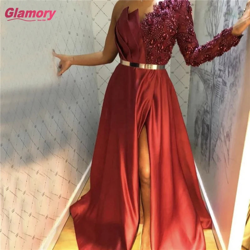 Burgundy One Shoulder 3D Beaded  Lace Sexy Evening Gowns Long a Line Satin Formal Prom Dresses