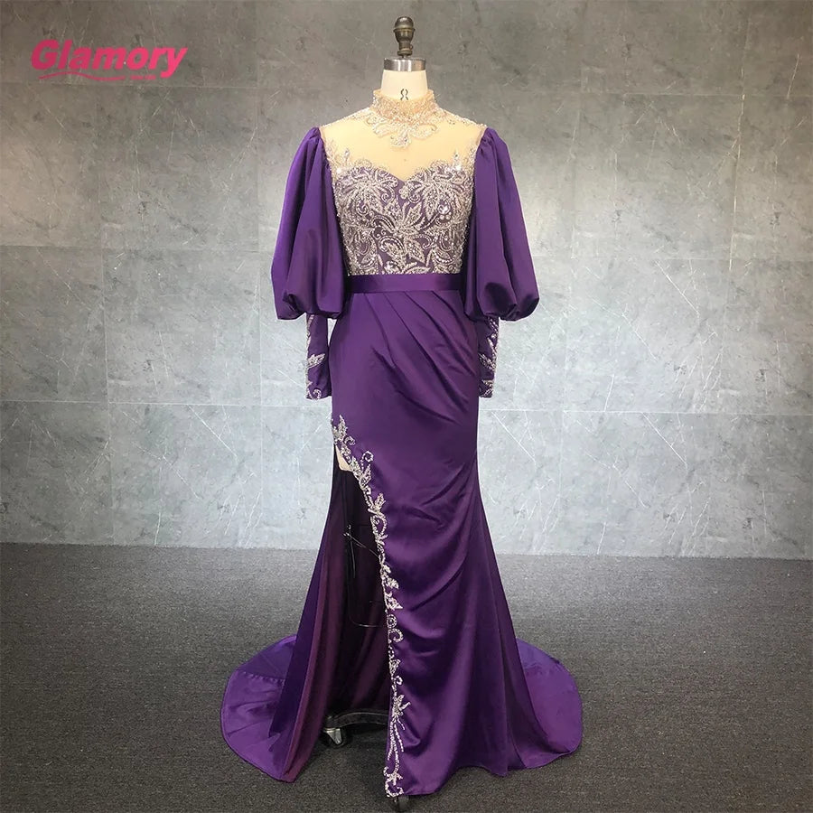 2021 New Arrival Mermaid Luxury Evening Dresses Puff Sleeved  With Split Sexy  Party Dress for Woman