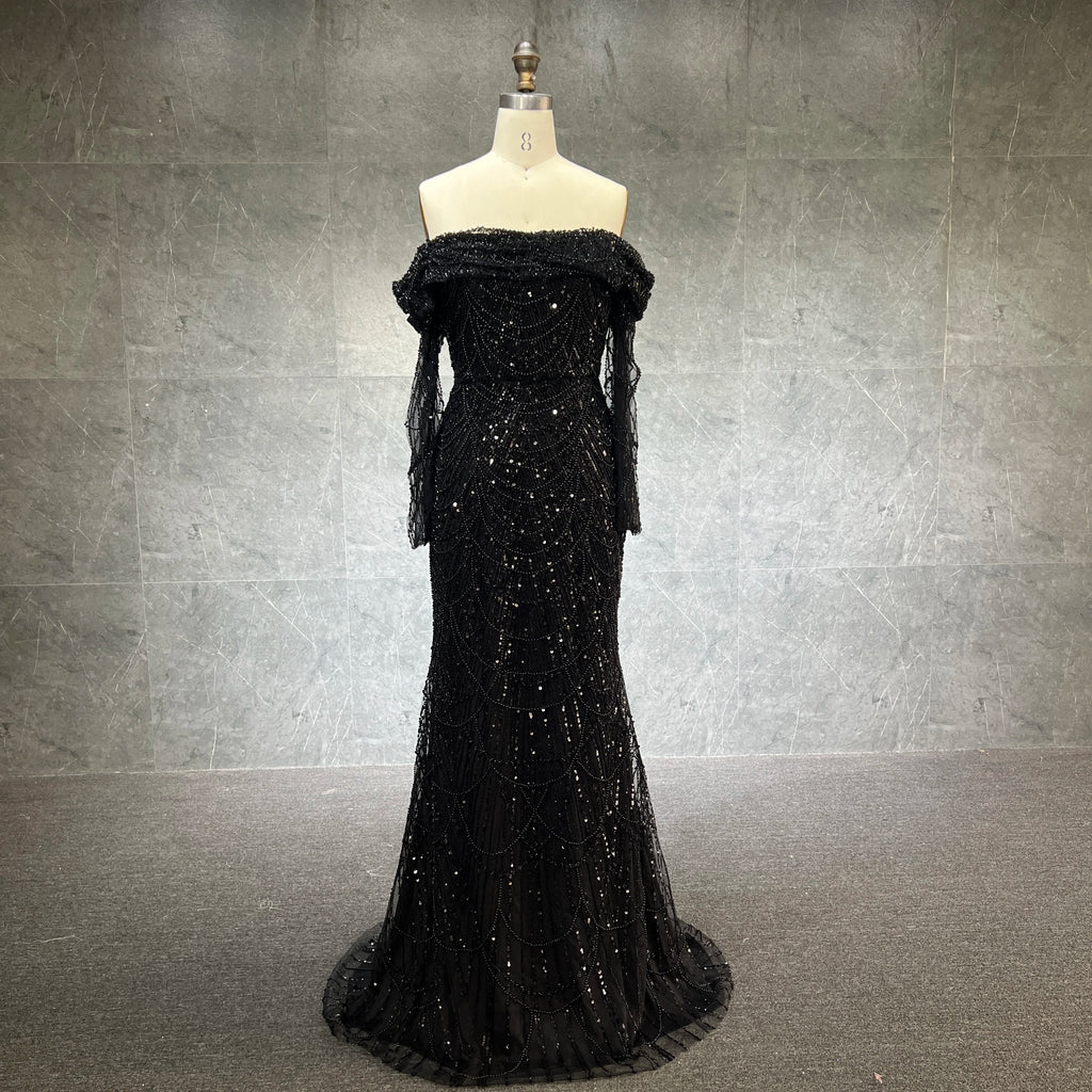 2023 Luxury Black Dubai Evening Dress Off Long Sleeve Detachable Skirt Arabic Women Wedding Party Prom Gown