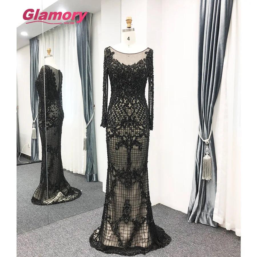 Latest Sleeve Black Dresses Dubai Womens Long Mermaid Prom Luxury Beading Evening Dress