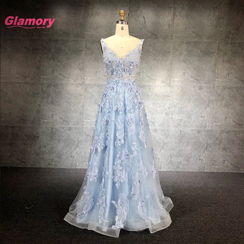 Latest Design V-neck 3D Flower Appliques A-Line Prom Dress Women Party Dresses Prom Gowns