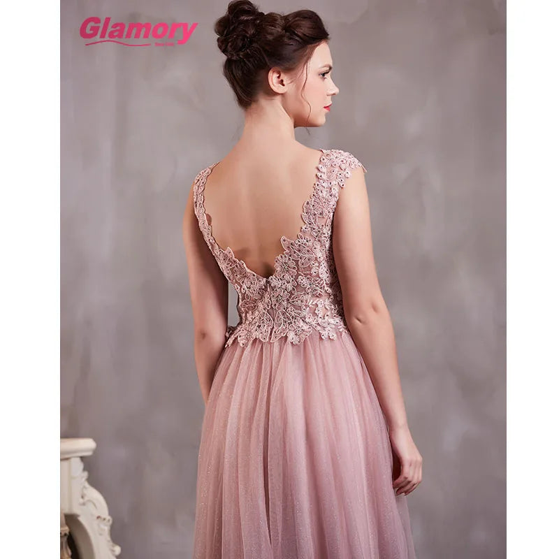 Pink Long for Fat Woman Sexy See Through Lace Appliques Prom V-neck Floor-length Bling Tulle Evening Dress